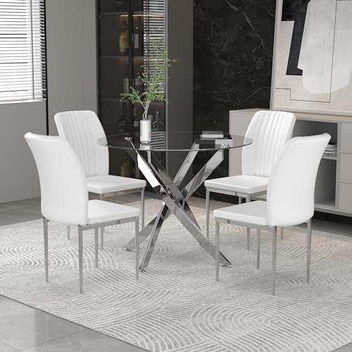 Round Glass Dining Table 80cm Silver Metal Legs Modern Kitchen Table