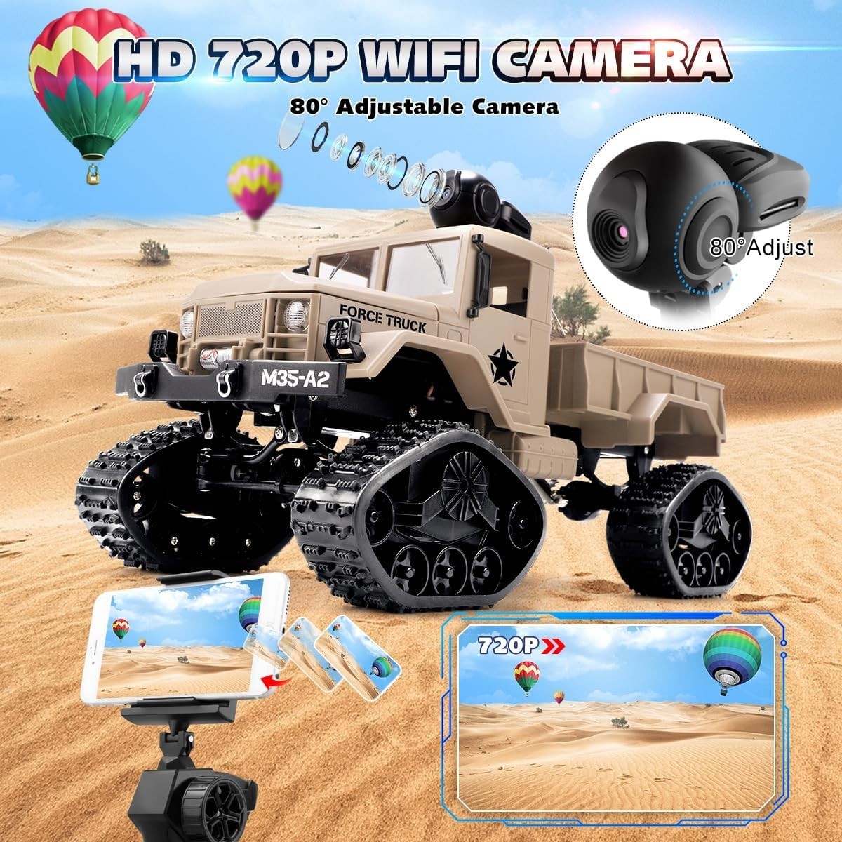 4WD RC Car w/ WiFi Camera 720P FPV 1:16 Off Road Truck 20km/h Kids Gift