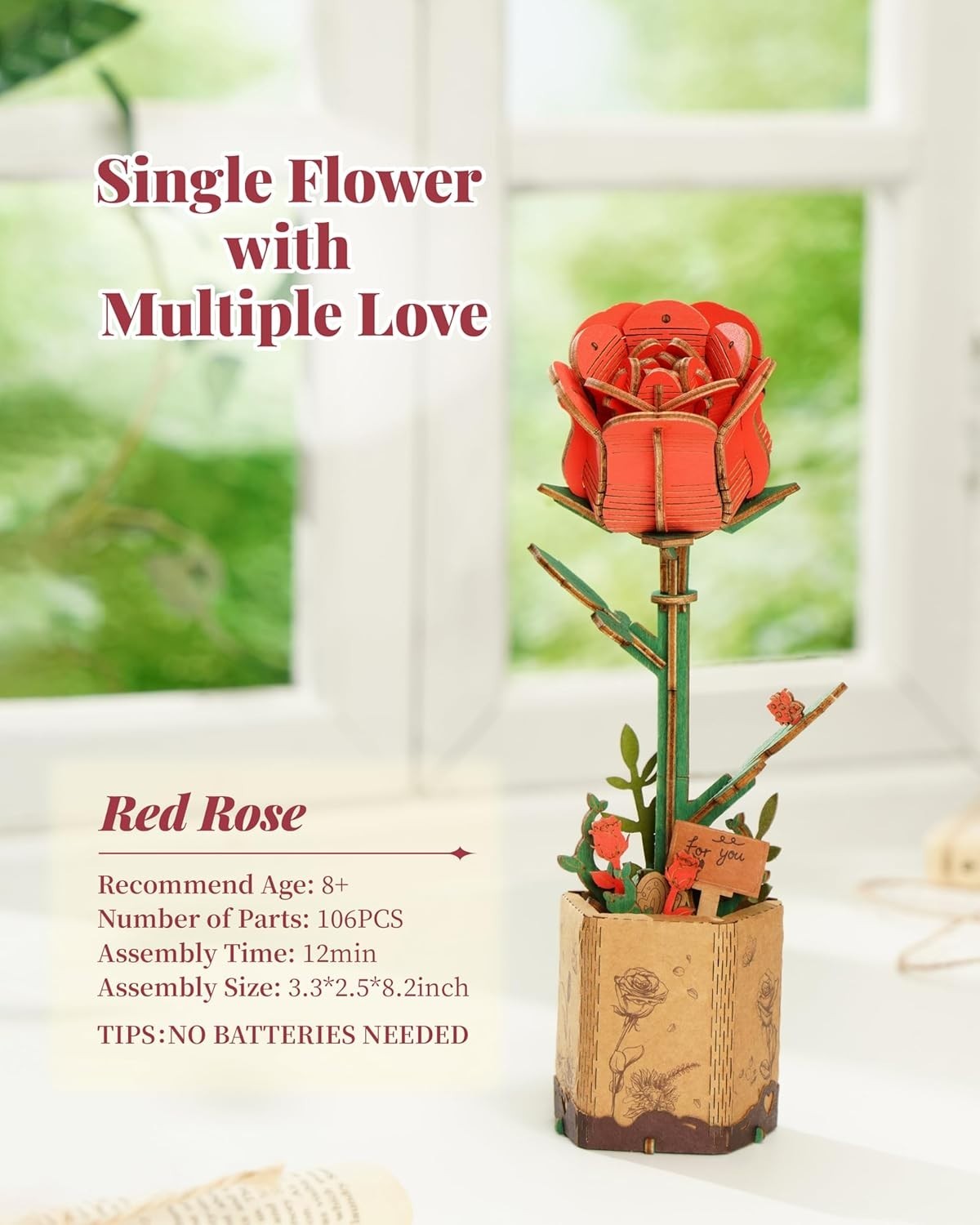 3D Wooden Red Rose Puzzle Kit – DIY Floral Craft Gift & Home Decor