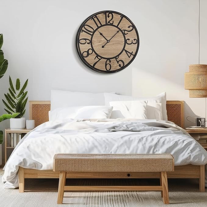 Large 40cm Vintage Wall Clock Silent Rustic Wood Metal Farmhouse Home Decor