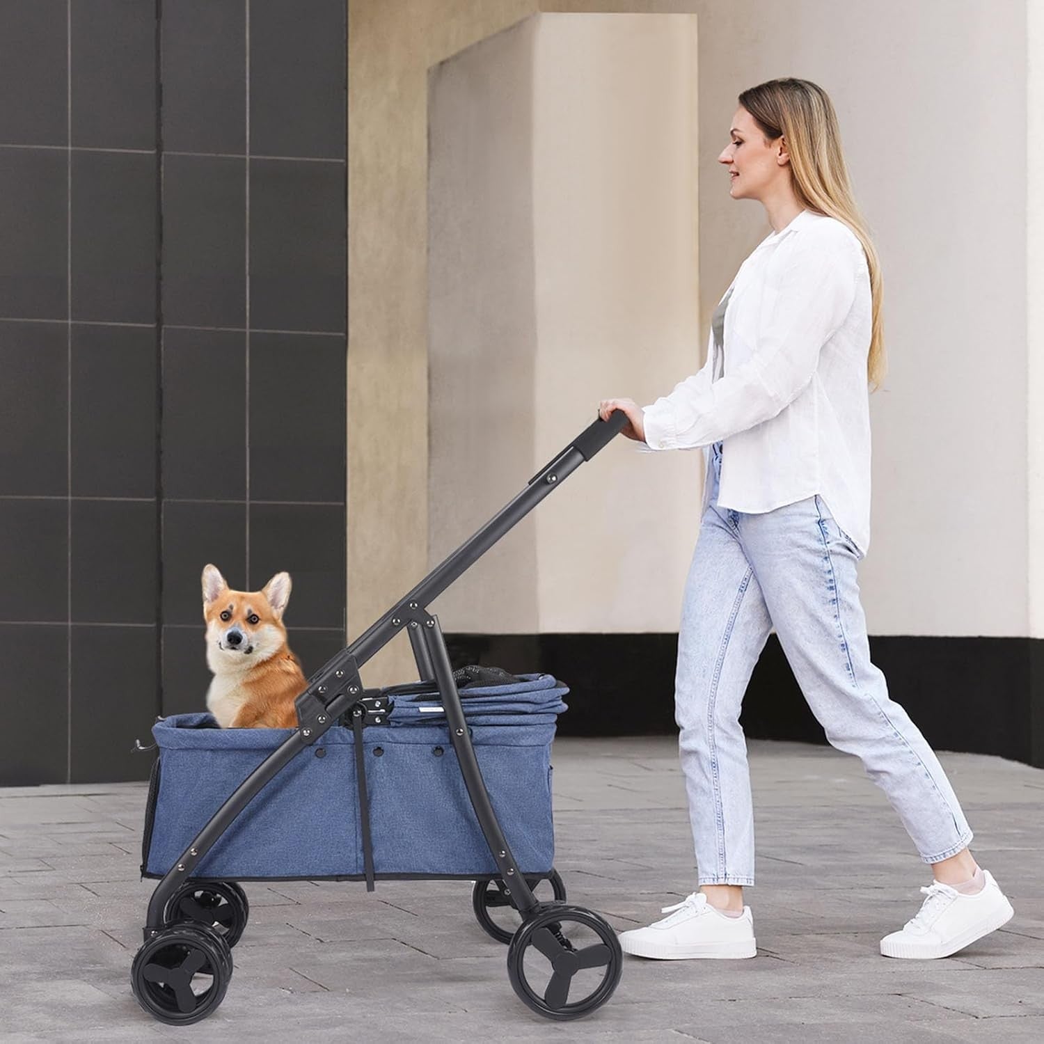 Navy Pet Stroller 4 Wheel Heavy Duty Foldable Jogger Pram Small Medium Dogs