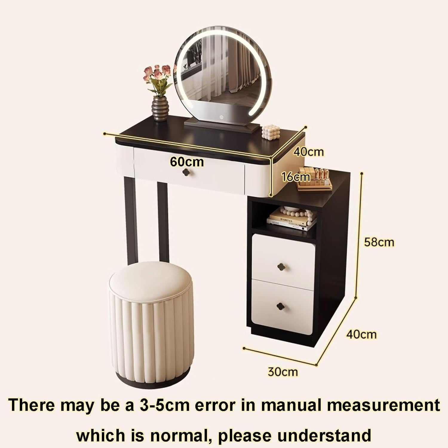 Makeup Vanity Desk with Mirror Lights Drawers Fluffy Stool Solid Wood Dresser