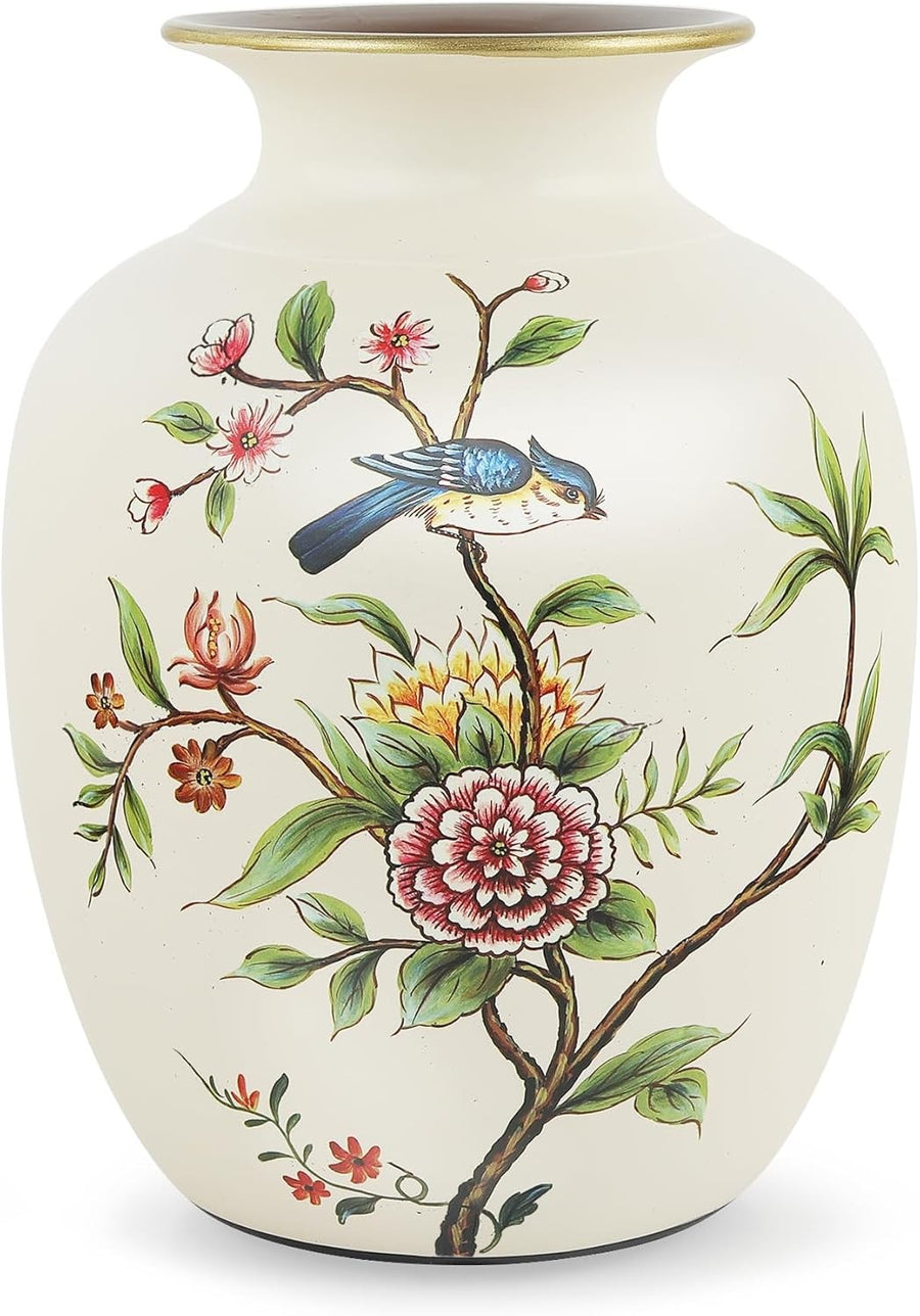 Chinese Bird Flower Ceramic Vase 20cm Beige Vintage Pampas Decor
