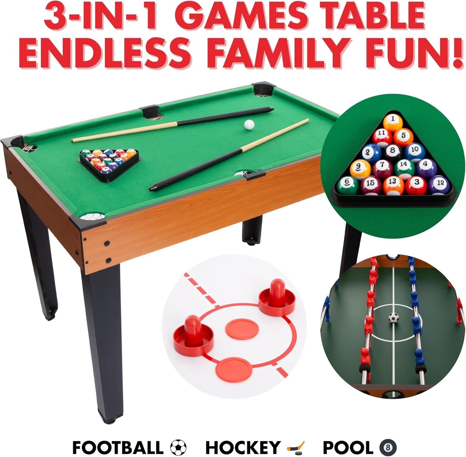 3 in 1 Sports Game Table Air Hockey Pool Football Kids Family Fun