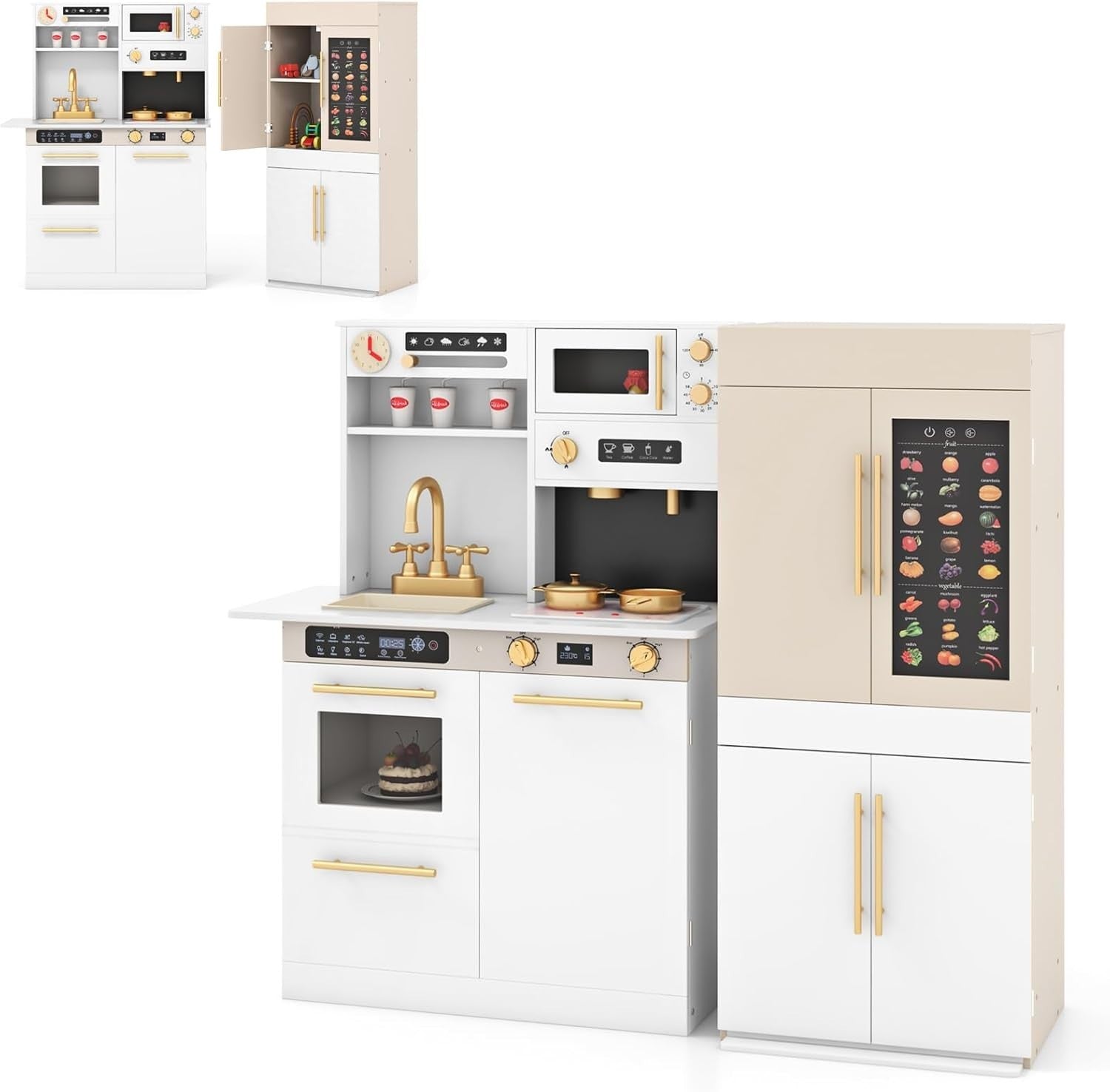 Large Wooden Kids Play Kitchen White w/ Lights Sounds Coffee Bar