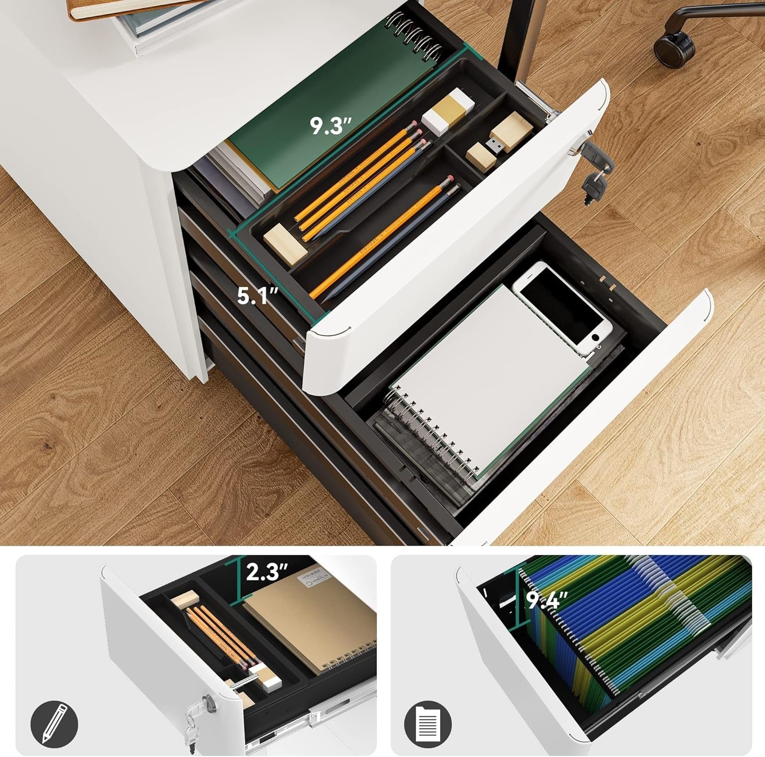 3 Drawer Metal Filing Cabinet Slim Mobile Lockable A4 Letter Legal
