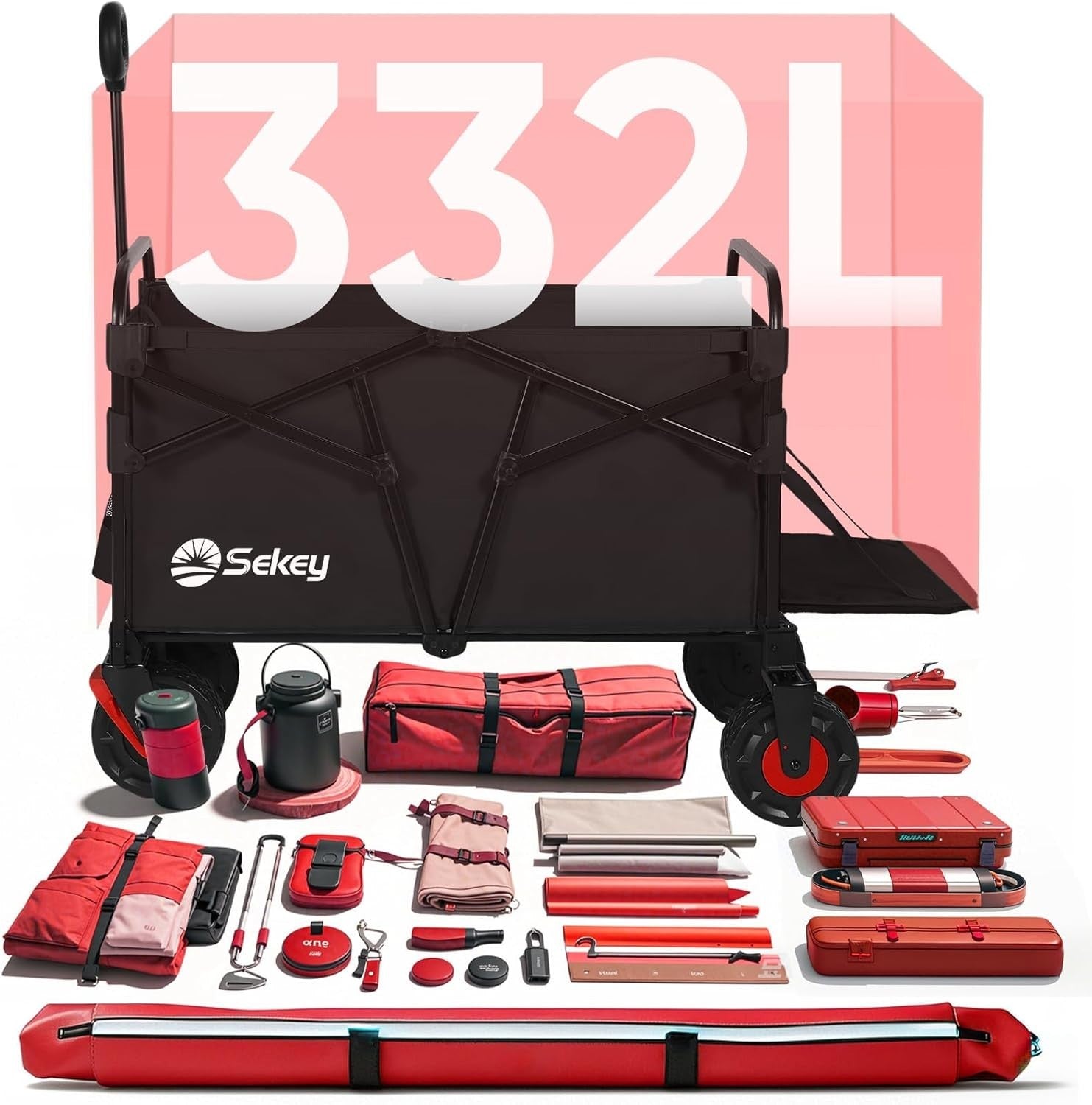 Black 332L Folding Camping Wagon 350lb Heavy Duty All Terrain Festival Trolley