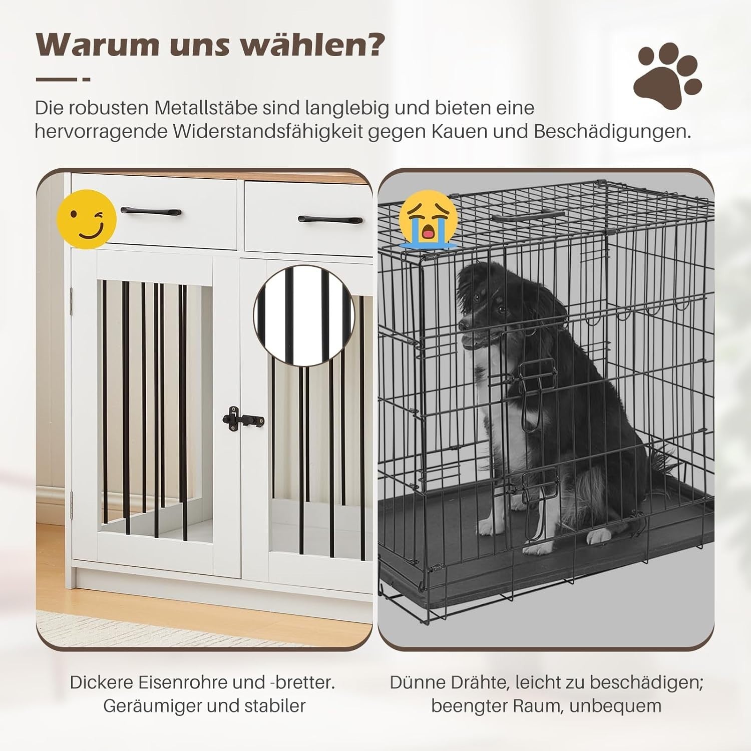 TUKAILAi Dog Crate Furniture White/Wood – Small Pet Kennel with Bowls