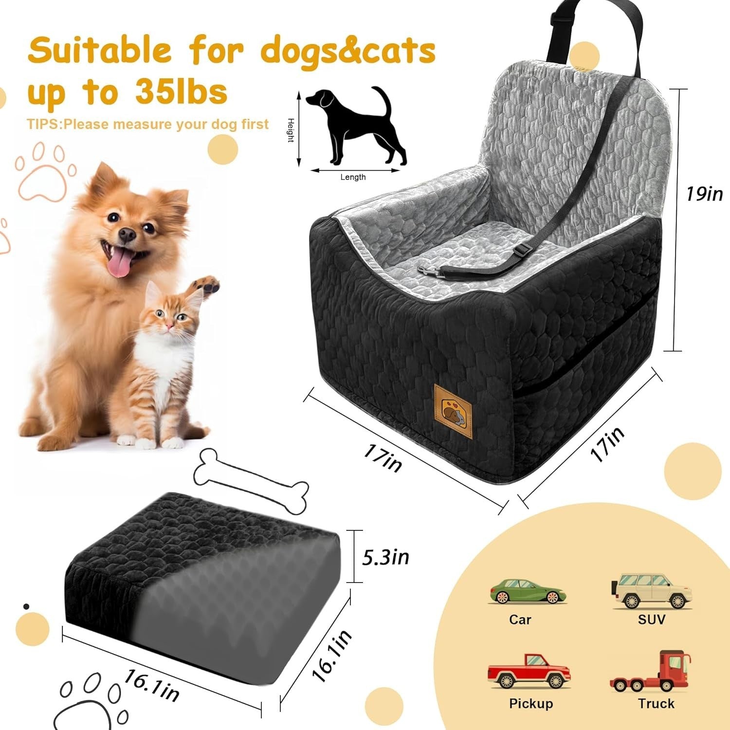Memory Foam Dog Booster Seat Washable Pet Car Bed Travel Carrier