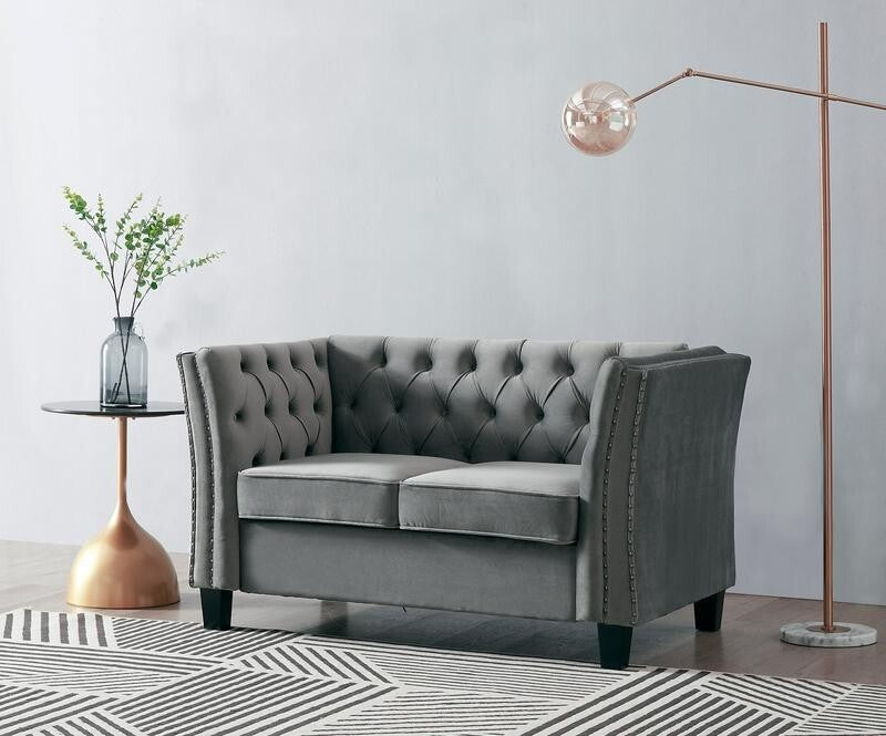 2 Seater Light Grey Velvet Sofa Chesterfield Tufted Arms Couch UKFR