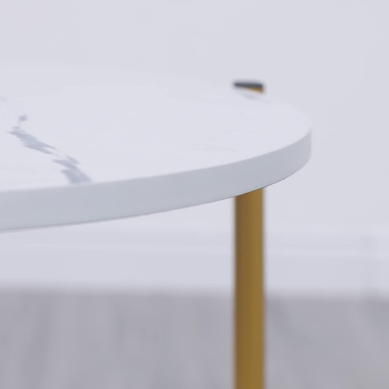 Round White Marble Side Table with 2-Tier Shelf – Modern Gold Frame End Table