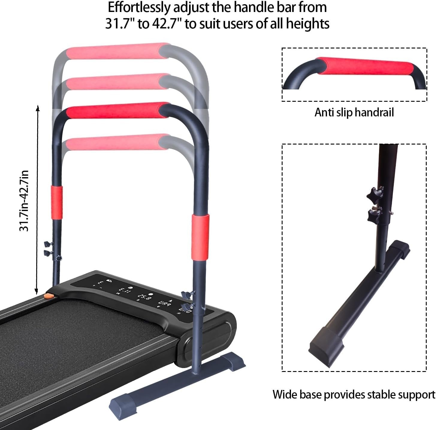 Adjustable Walking Pad Handle Bar 31.5-43in Heavy-Duty Steel Non-Slip