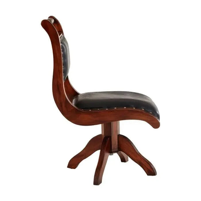 Black Leather Swivel Chair with Teak Frame | Mid-Century Accent Armchair