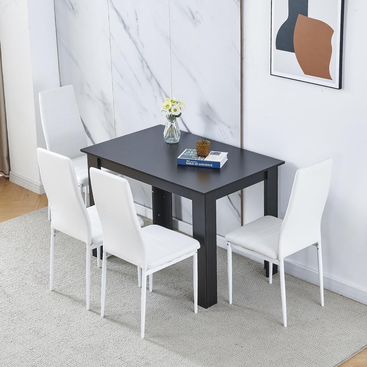 Compact 4 Seater Dining Table Set White Faux Leather Chairs Kitchen