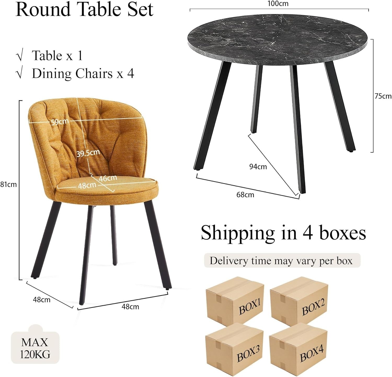4 Orange Velvet Dining Chairs & Black Marble Round Table Set for Kitchen