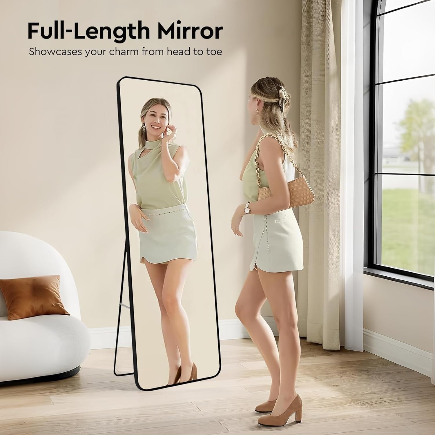 Full Length Floor Mirror 160x40cm with Stand, Sleek Black Frame