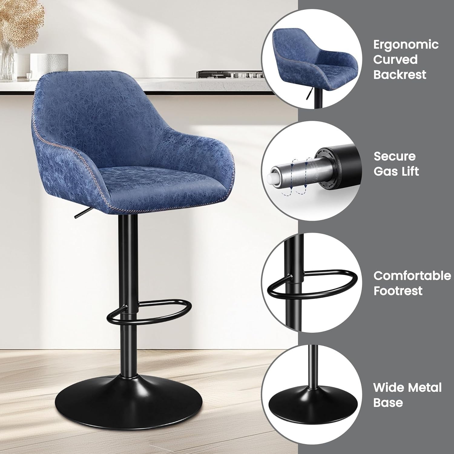 Adjustable Swivel Bar Stools Set of 2 Blue Faux Leather Chairs