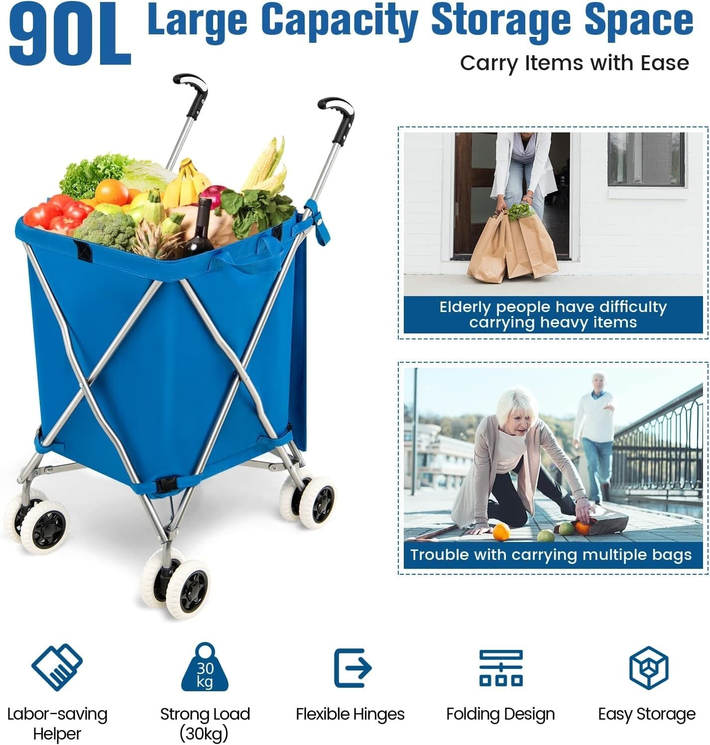 Extra Large 90L 8-Wheel Folding Shopping Trolley Cart Blue