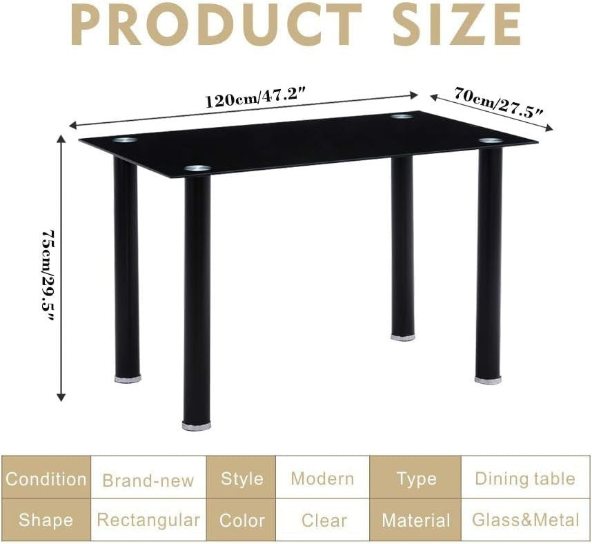 Modern Black Glass Dining Table Rectangle 120x70x75cm 4-Seater