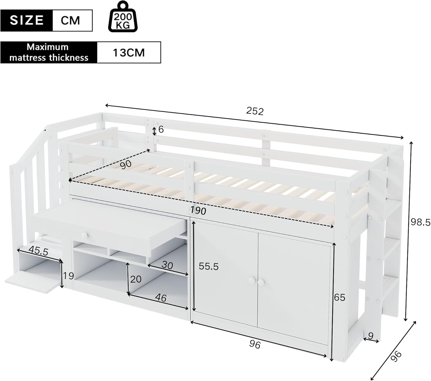 Midsleeper Kids Bed with Storage Drawers, Desk & Stairs, White 90x190cm Wood Fra