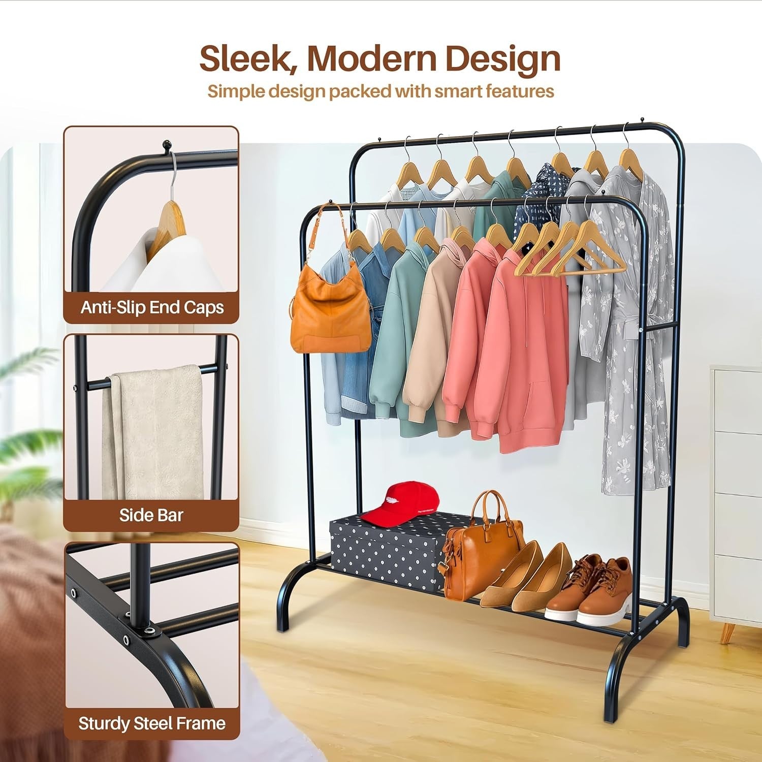 Heavy Duty Double Clothes Rail with Shoe Shelf - Black