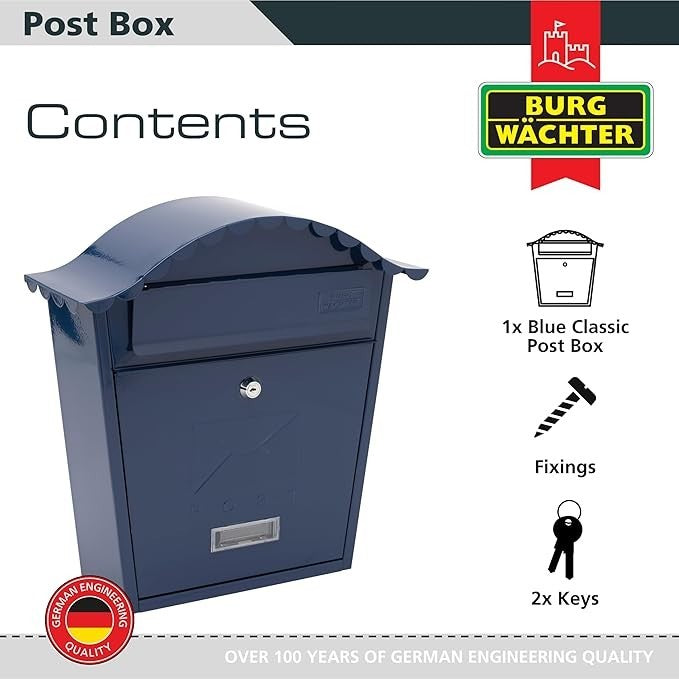Wall Mounted Lockable Steel Post Box Midnight Blue Weatherproof 36x37x13cm
