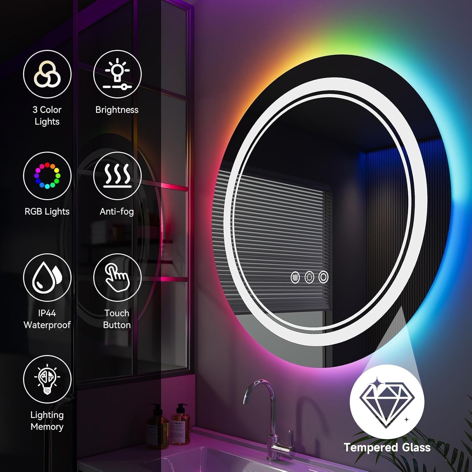 LED Bathroom Mirror 60cm Round RGB Dimmable Anti-Fog Touch Control
