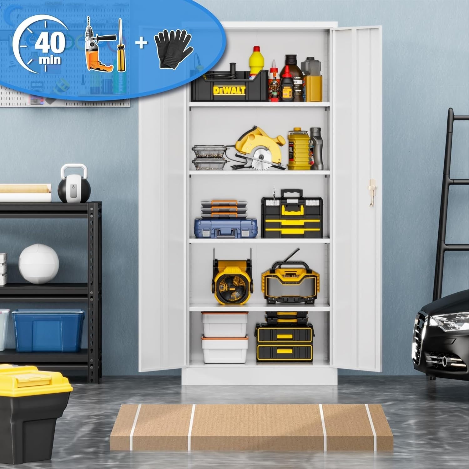 Tall Metal Storage Cabinet 180x60x40cm with Lock & Shelves for Garage Office