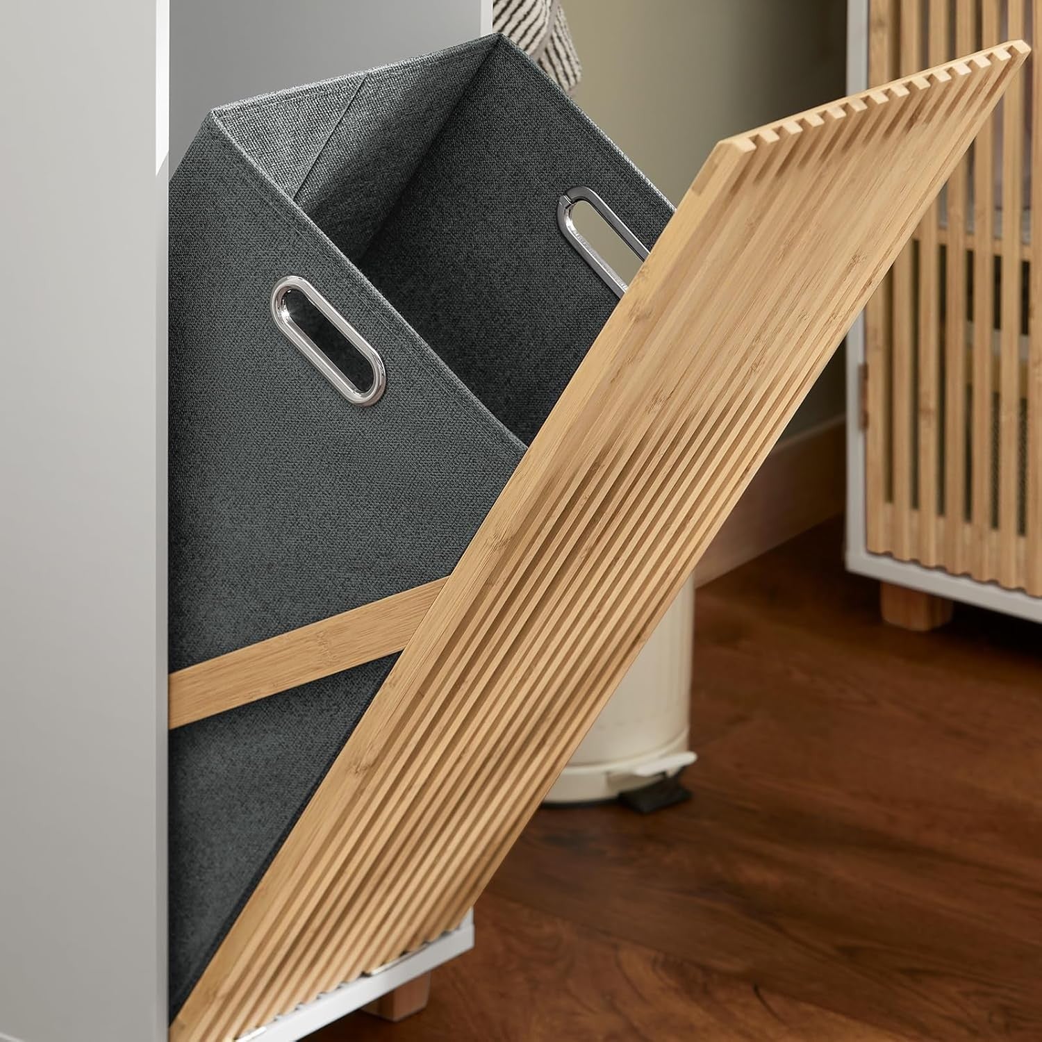 Slim Laundry Cabinet with Removable Basket Bathroom Storage Bamboo Door White