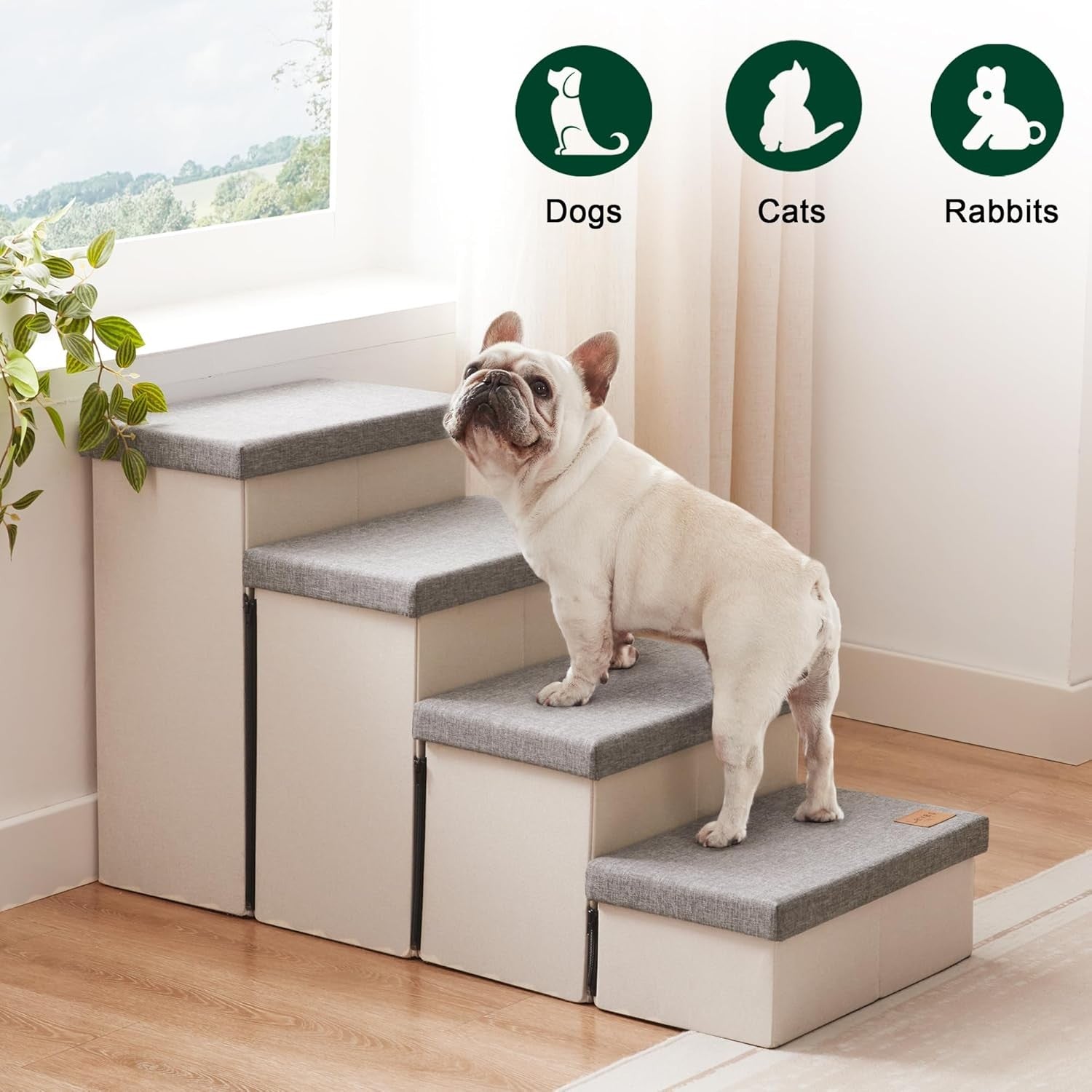 Dog Stairs 4 Step with Storage Foldable Pet Steps Light Grey 200lb