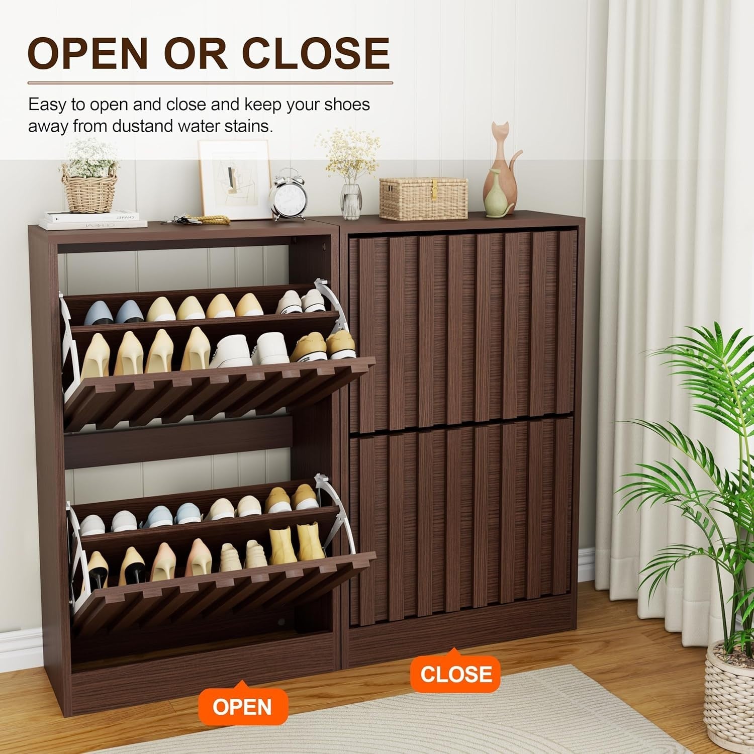 Slim Wooden Shoe Storage Cabinet 2 Flip Drawers Ventilated Modern Unit Walnut