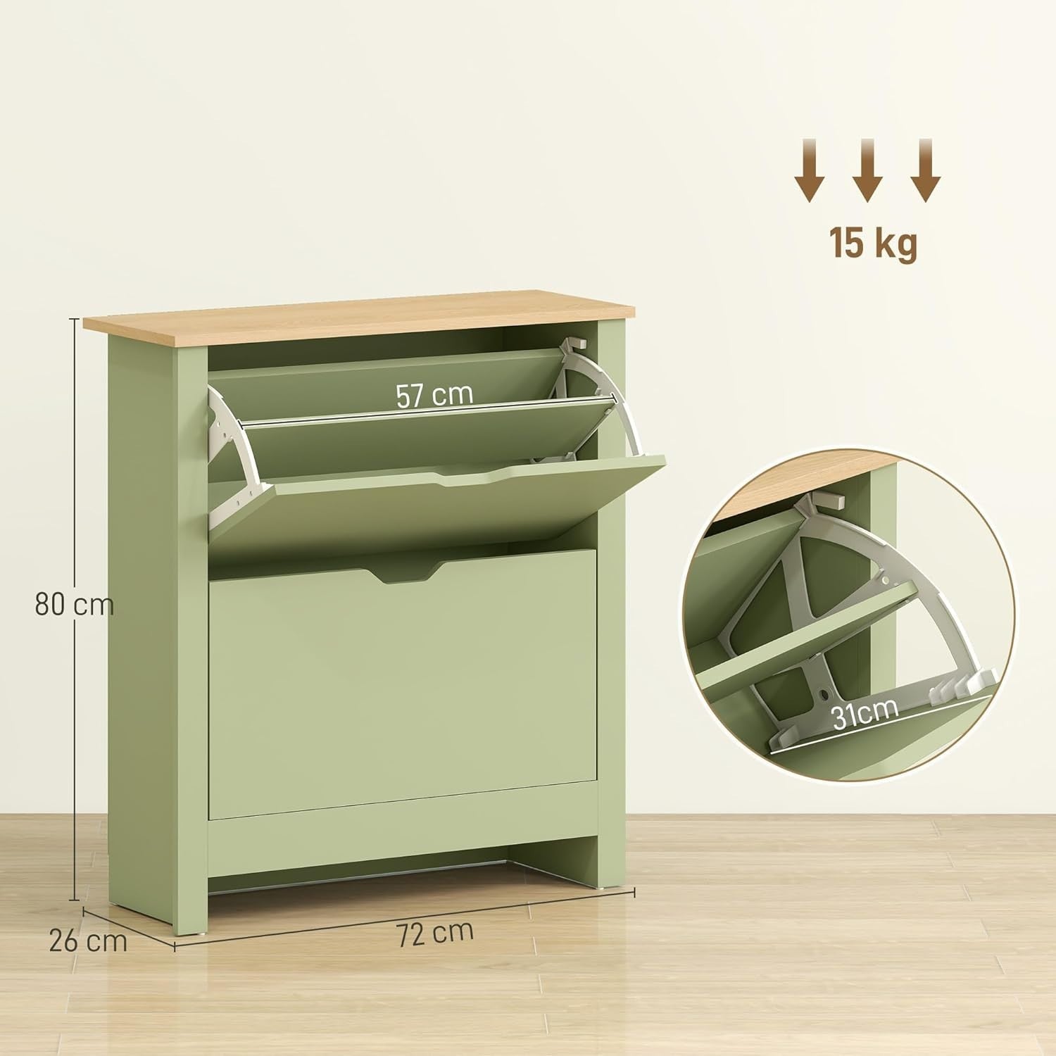Space Saving Narrow Shoe Cabinet 2 Flip Drawers Adjustable Shelves Green