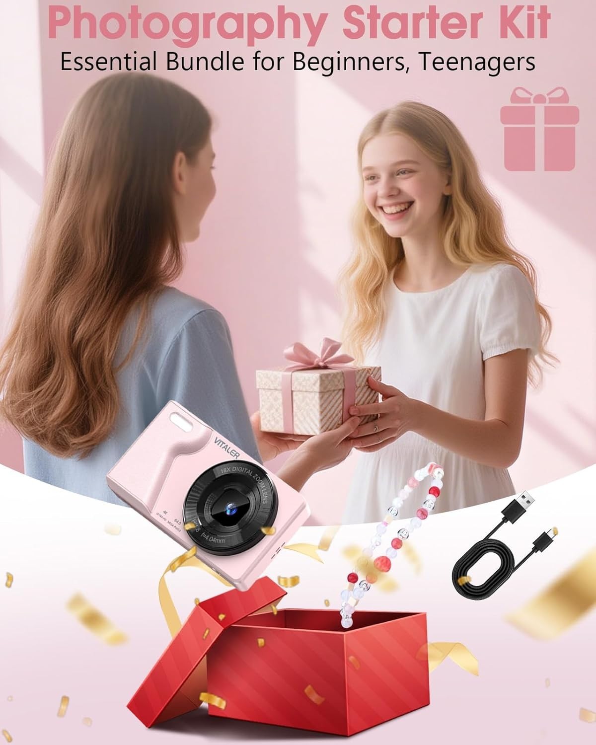 4K 64MP Digital Camera Dual Lens Compact Camera 18X Zoom Pink USB-C