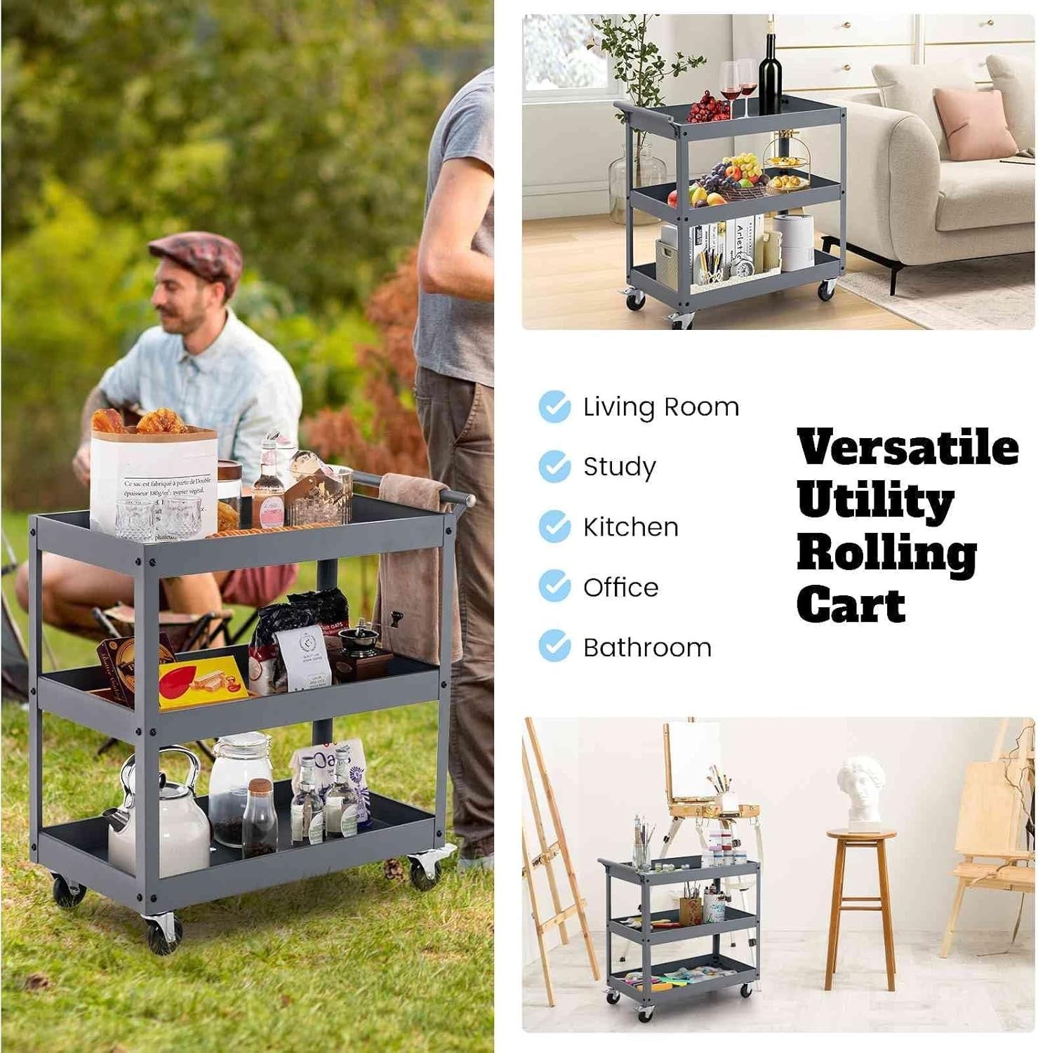 3-Tier Rolling Tool Cart Grey 76W x 38D x 78H cm Steel Mobile Trolley