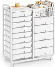 14 Drawer Craft Storage Trolley Cart with Pegboard & Wheels White