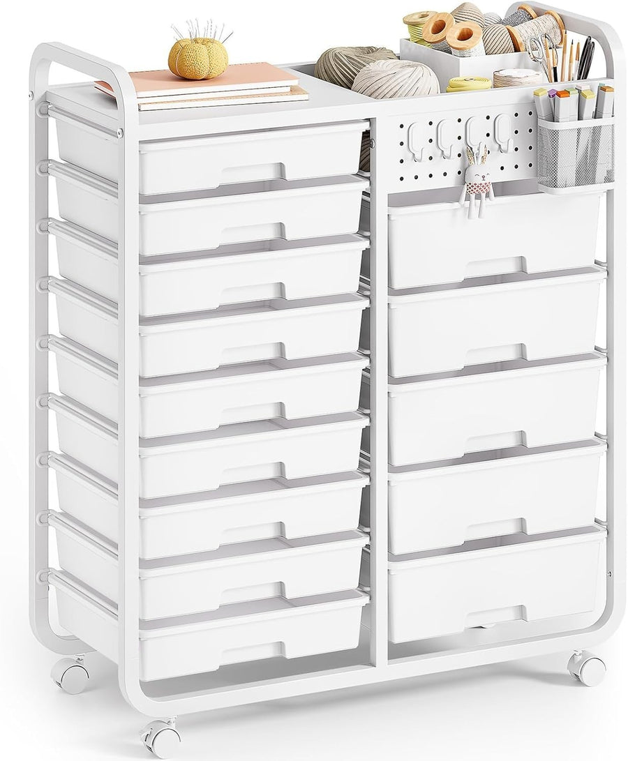 14 Drawer Craft Storage Trolley Cart with Pegboard & Wheels White