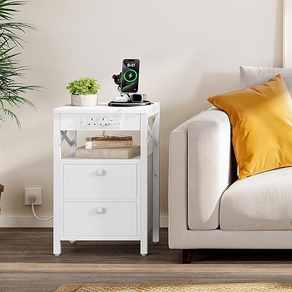Modern White Bedside Table with Charging Ports, 2 Drawers & Open Shelf Storage