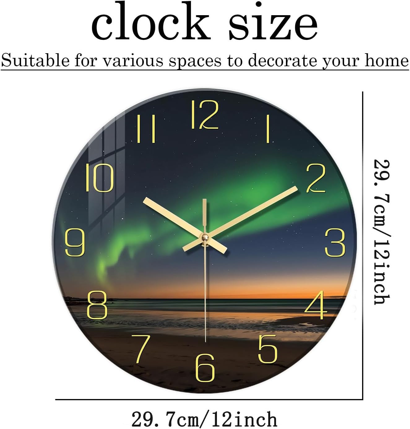Aurora Wall Clock 12" Glass Silent Non-Ticking Modern Green Gold Home Decor