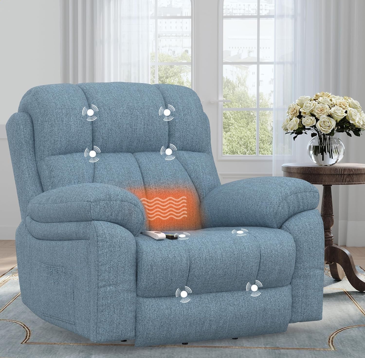 Power Lift Recliner Chair Oversized Massage Heat USB Type-C Footrest Blue