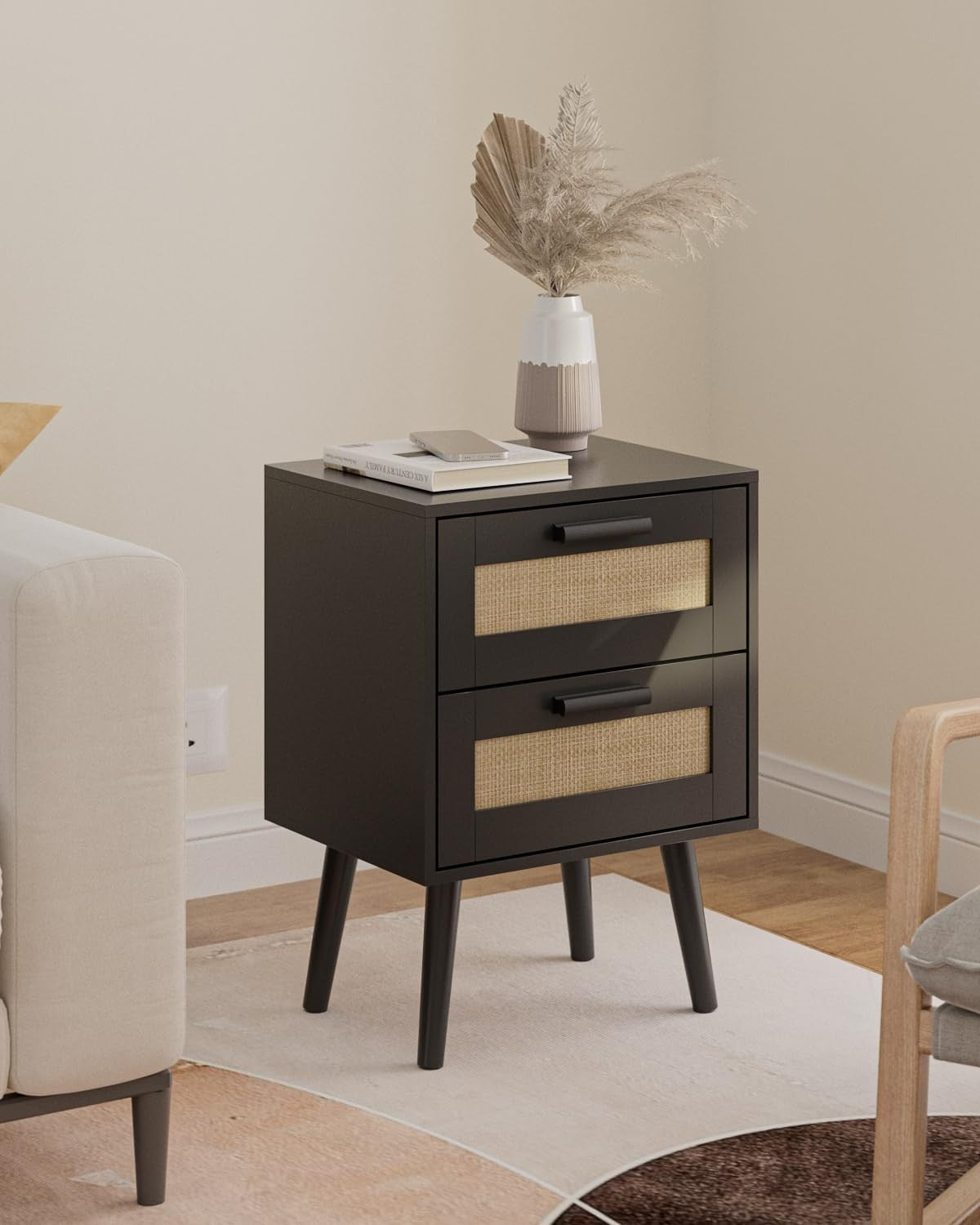 Rattan Bedside Table with 2 Drawers – Modern Wood Nightstand Storage
