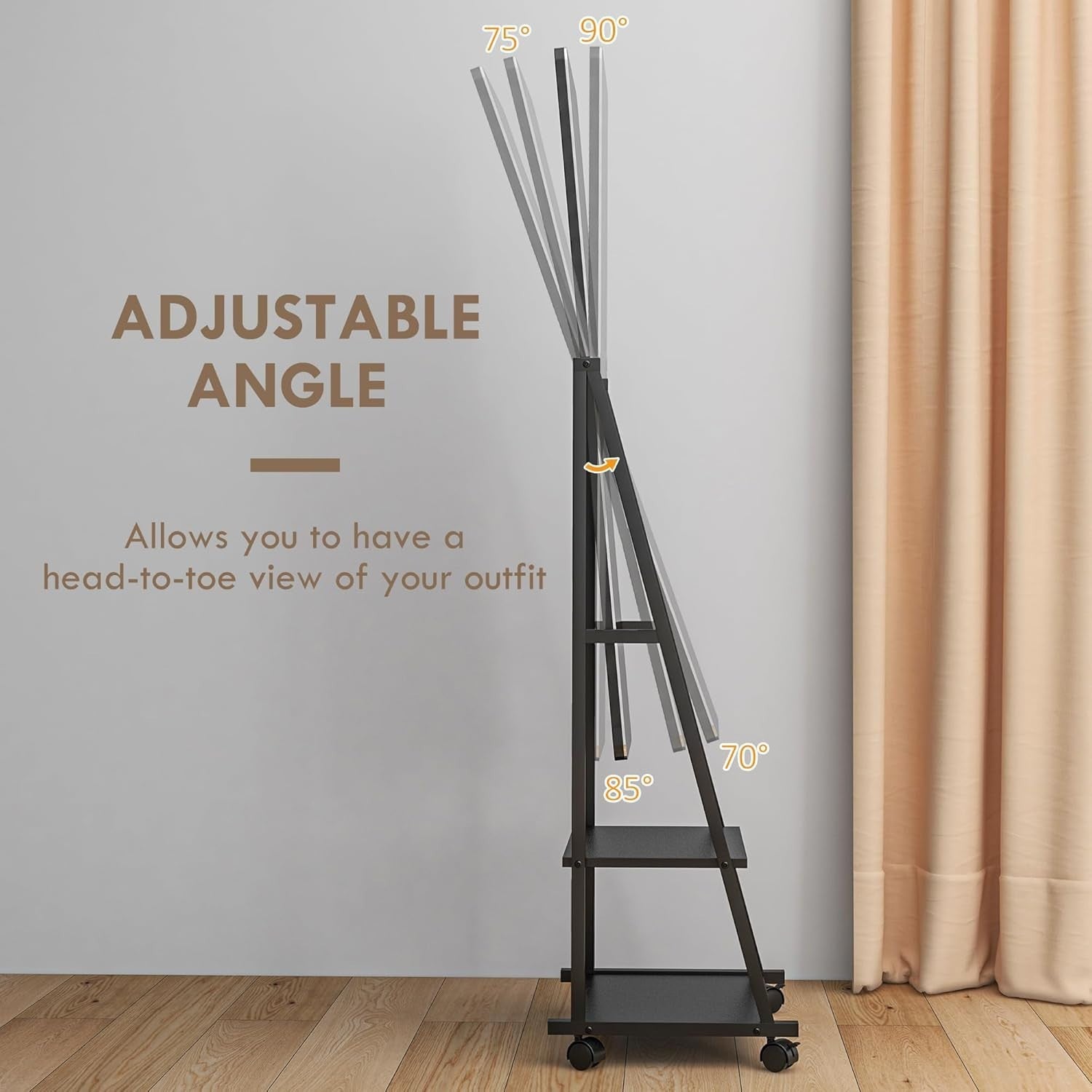 Full Length Adjustable Mirror on Wheels with Storage Shelves, 155cm