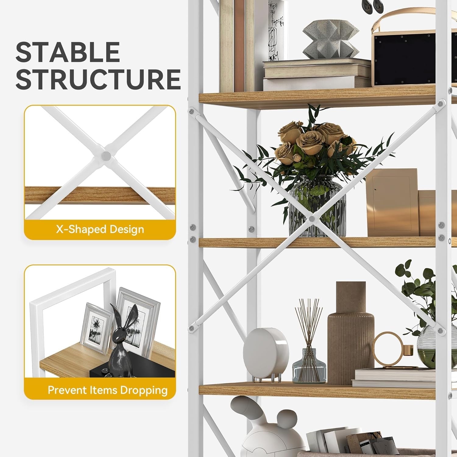 White & Oak 5-Tier Industrial Bookshelf Metal Frame Tall Storage Shelving Unit
