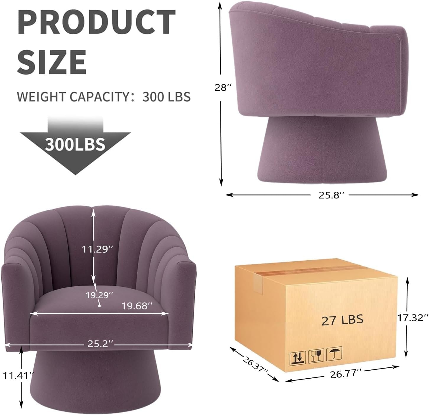 Purple Velvet Swivel Accent Chair 360° Barrel Lounge Armchair