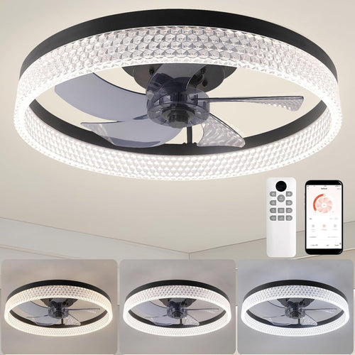 ZYDTRIP 19.7" Bladeless Ceiling Fan with LED Light, 6-Speed, Dimmable, Remote