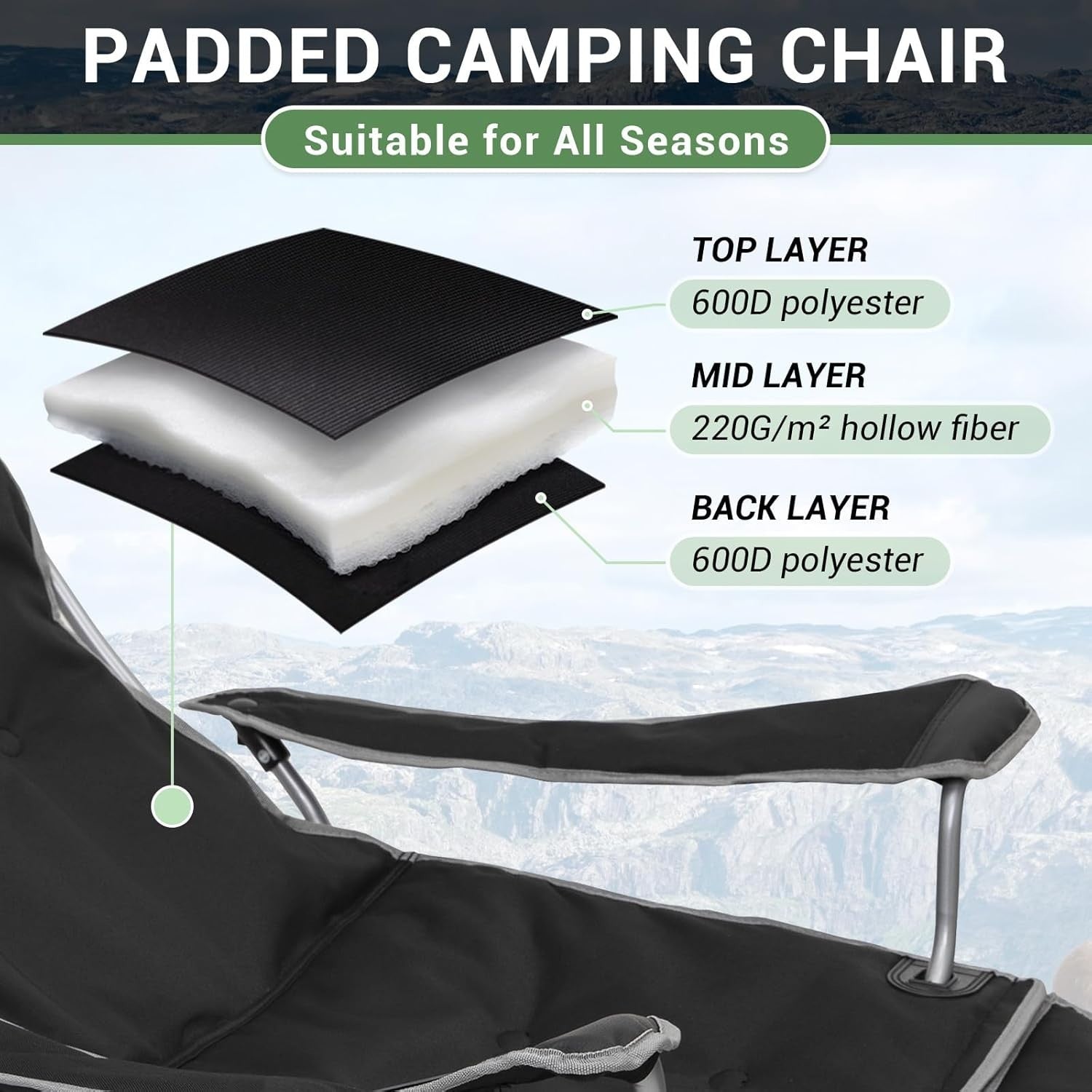 2x Padded Reclining Folding Camping Chairs Footrest Cup Holder Black