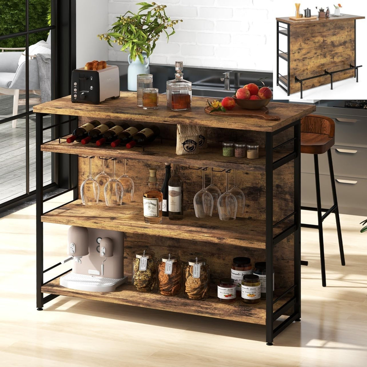 Industrial Kitchen Island Bar Table with Wine Rack & Shelves Home Counter Unit