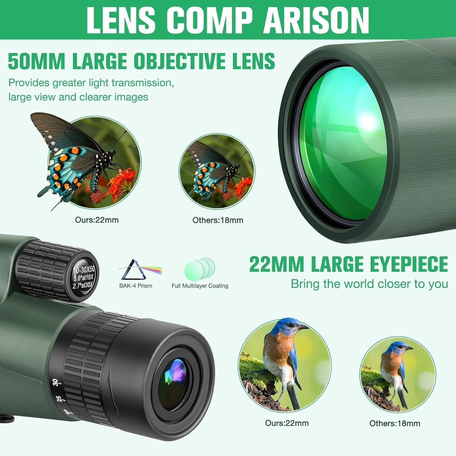 10-30x50 High Power Zoom Monocular HD BAK4 Prism + Tripod & Phone Adapter
