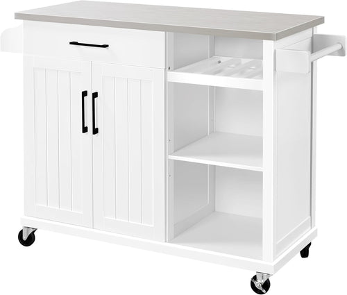 Kitchen Island Cart with Stainless Steel Top, Storage, Spice Rack & Wheels