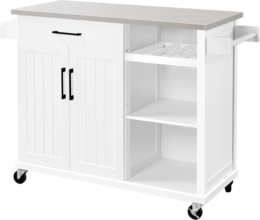 Kitchen Island Cart with Stainless Steel Top, Storage, Spice Rack & Wheels