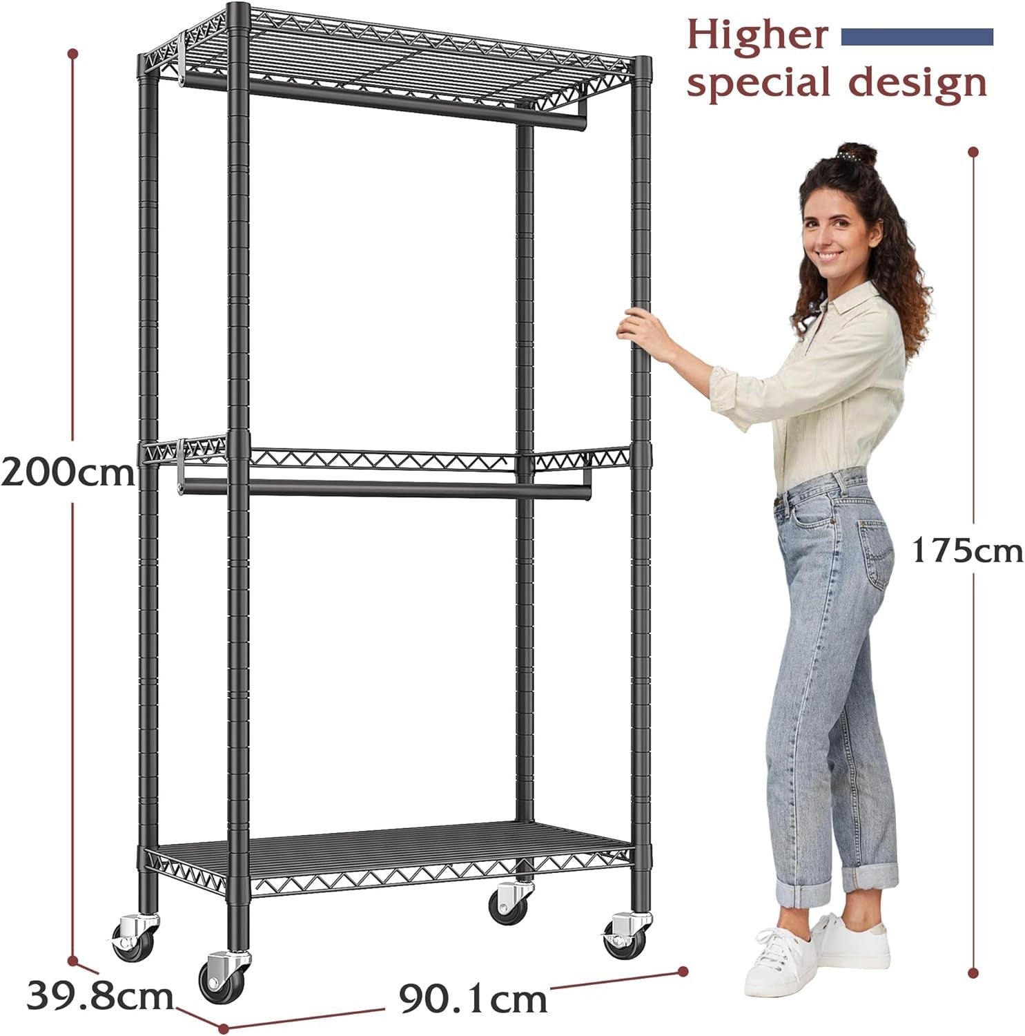 Heavy Duty Clothes Rail with Shelves & Wheels – Black 200cm